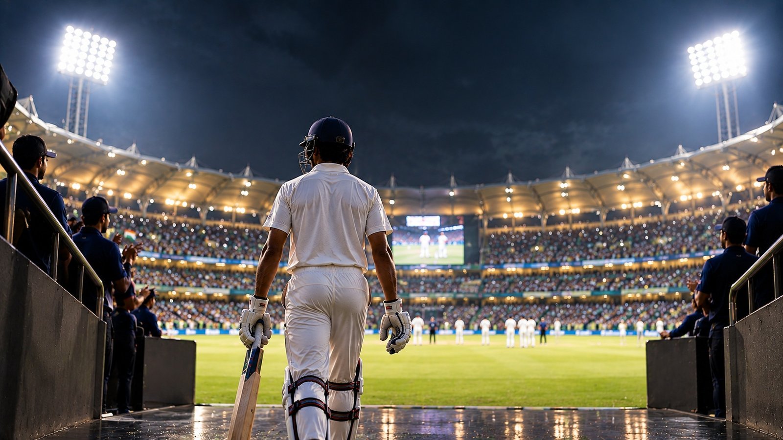 Young cricketer entering a floodlit stadium