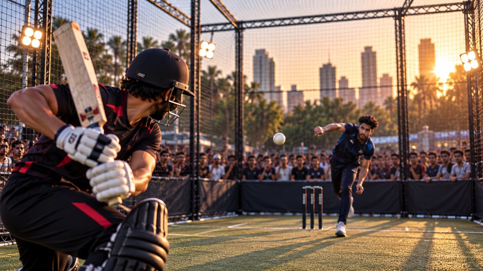 Batter facing a bowler inside a single CageGame arena at golden hour