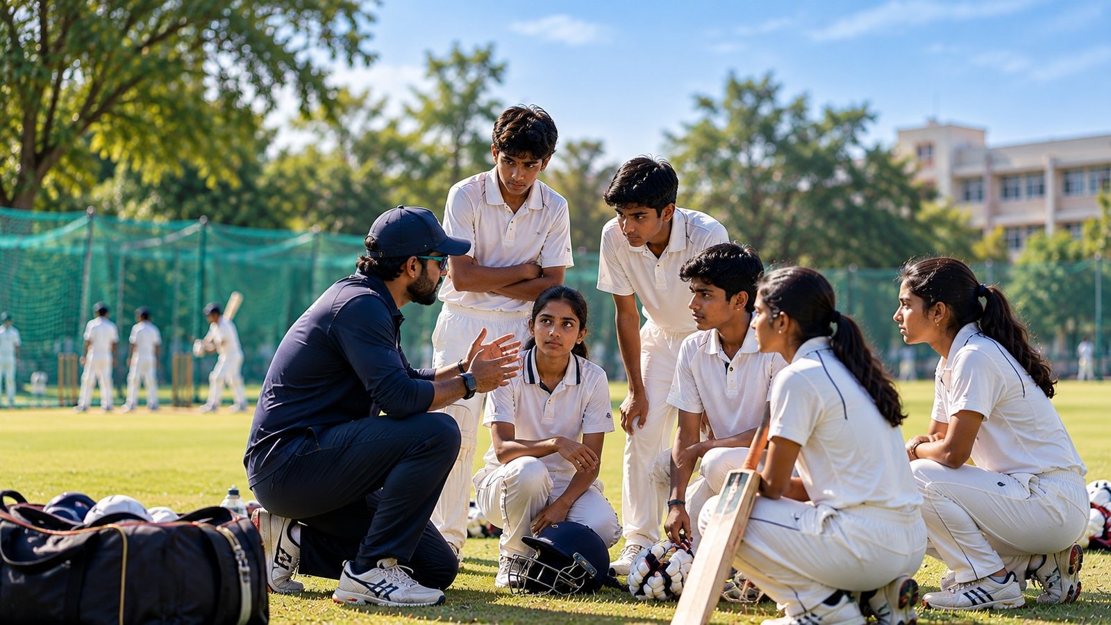 Students taking part in organised cricket